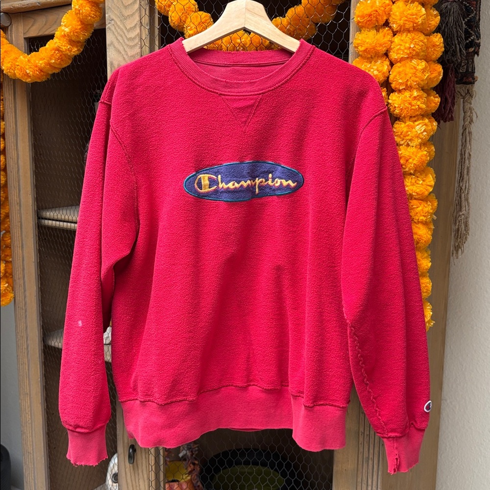 Vintage Champion Inside Out Embroidered Logo Red Crewneck Sweatshirt